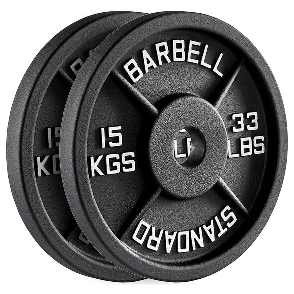 Two black weight plates with measurement labels on a white background