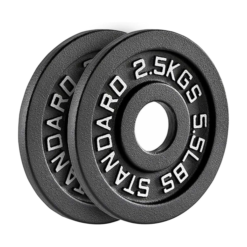 Two black weight plates with 'Standard 2.5KGS' marking on a white background