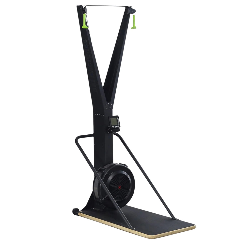 Black rowing machine on a white background