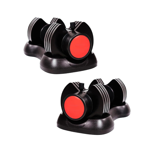 Pair of black and red dumbbells on a white background