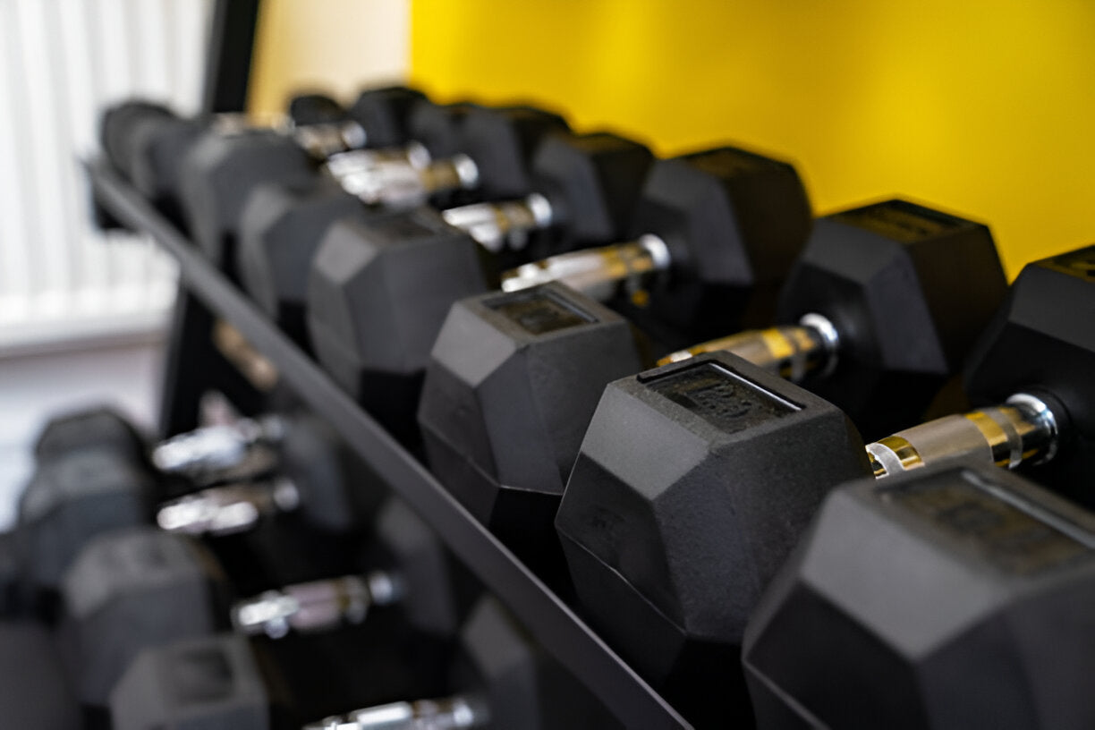 Hex Dumbbells 2.5kg-60kg Pairs & Sets – Rubber-Coated, Anti-Roll Weights with Rack Option – Strength Training for Home Gym or Studio Use