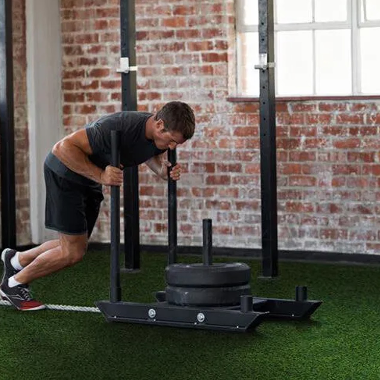 Sprint Mat & Power Sled Combo – 10m Turf Track with Metre Markings, Steel Frame, Olympic Post – Compact Functional Home Gym Setup