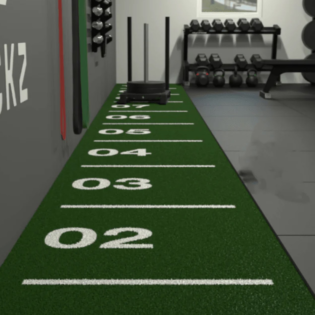 Sprint Mat & Power Sled Combo – 10m Turf Track with Metre Markings, Steel Frame, Olympic Post – Compact Functional Home Gym Setup