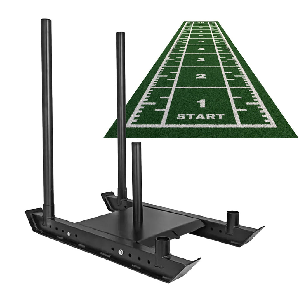 Sprint Mat & Power Sled Combo – 10m Turf Track with Metre Markings, Steel Frame, Olympic Post – Compact Functional Home Gym Setup