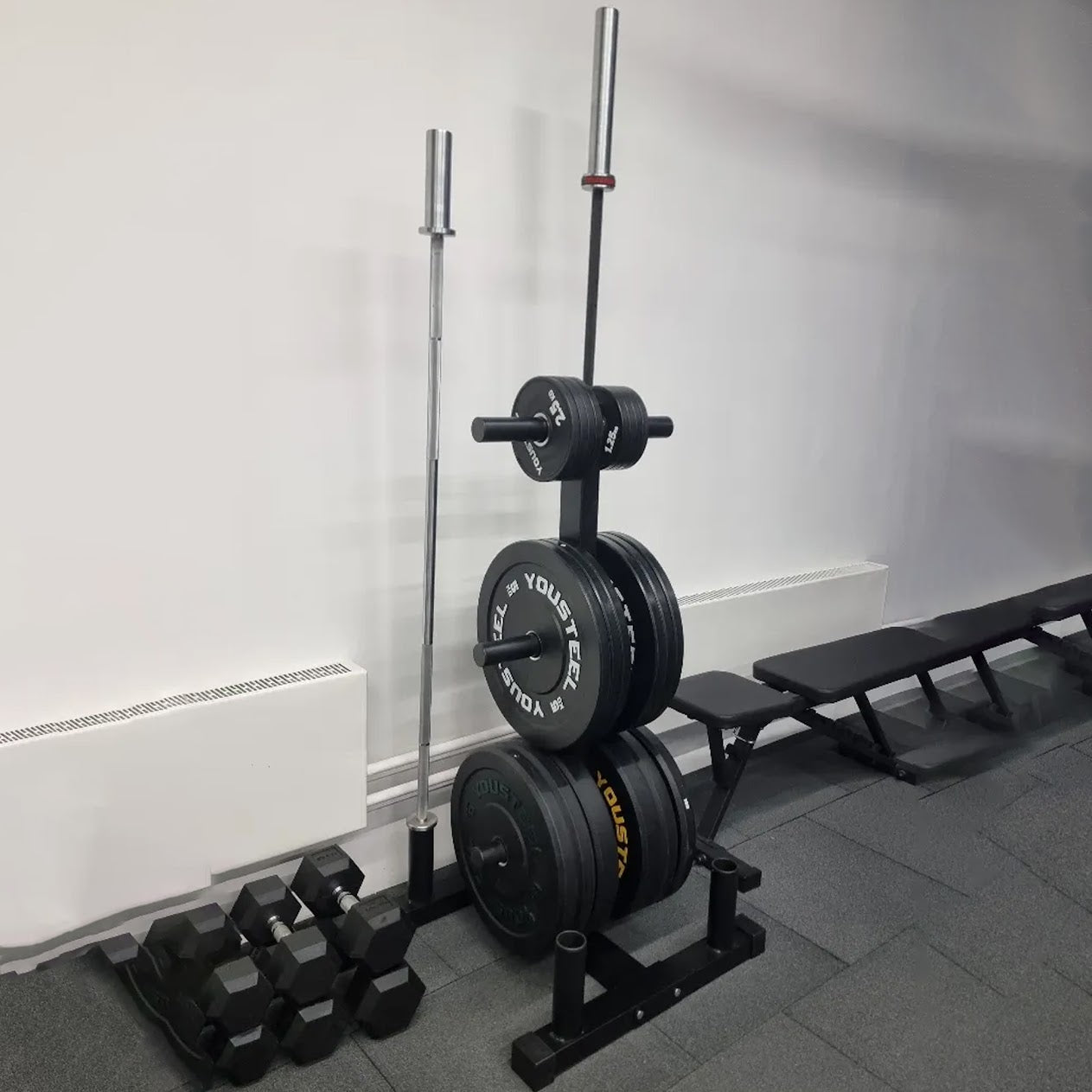 Olympic Weight Rack with Bar Holders | 3‑Tier Steel Tree | 200kg Capacity | Compact, Powder‑Coated Plate Organizer for Home & Garage Gyms